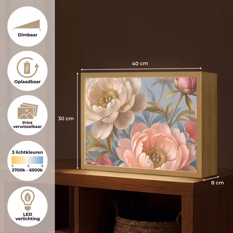 Bloemen - Roze - Beige - Modern - Natuur Light Box met batterij (Wandlamp) middel -USP_websiteoverzichtNL