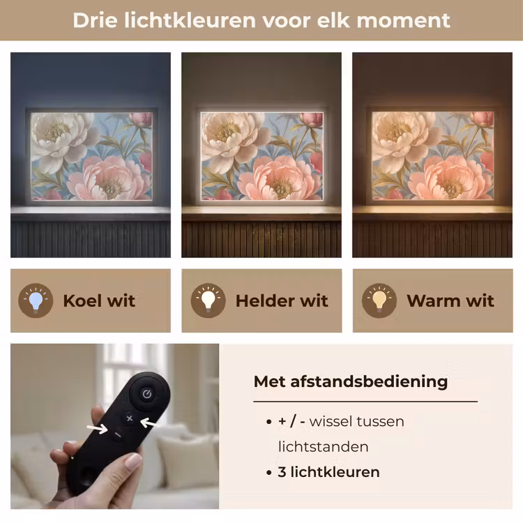 Bloemen - Roze - Beige - Modern - Natuur Light Box met batterij (Wandlamp) middel -USP_lichtkleurNL