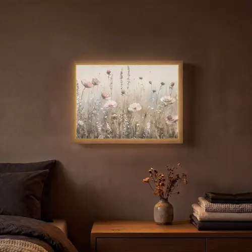 Bloemen - Roze - Modern - Beige Light Box met batterij (Wandlamp) middel -sfeer4