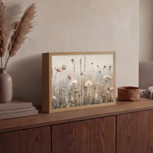 Bloemen - Roze - Modern - Beige Light Box met batterij (Wandlamp) middel -sfeer2