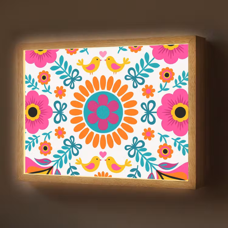 Bloemen - Vogel - Patroon - Kleurrijk - Modern Light Box met batterij (Wandlamp) middel -z3d_website