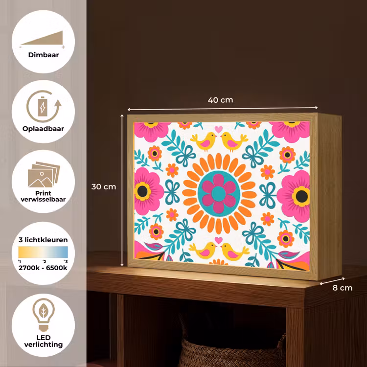 Bloemen - Vogel - Patroon - Kleurrijk - Modern Light Box met batterij (Wandlamp) middel -USP_websiteoverzichtNL