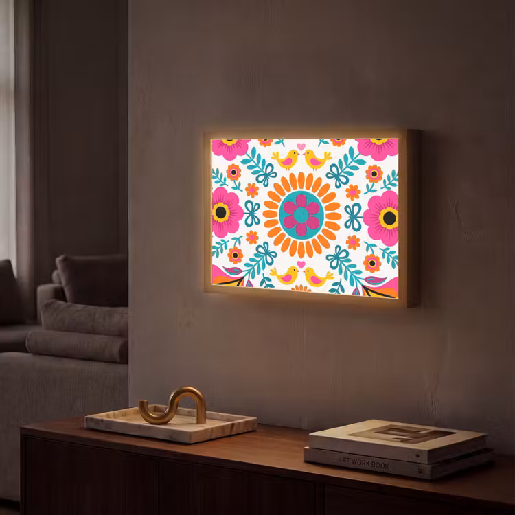 Bloemen - Vogel - Patroon - Kleurrijk - Modern Light Box met batterij (Wandlamp) middel -sfeer1