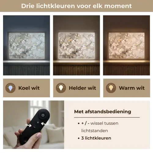 Bloemen - Wit - Goud - Beige - Luxe Light Box met batterij (Wandlamp) middel -USP_lichtkleurNL