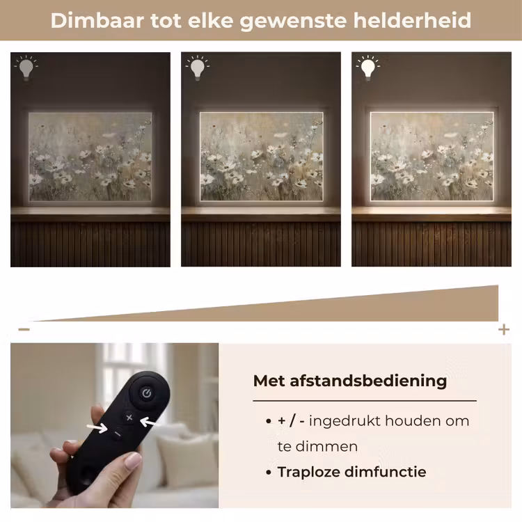 Bloemen - Wit - Natuur - Grijs - Modern Light Box met batterij (Wandlamp) middel -USP_dimbaarNL