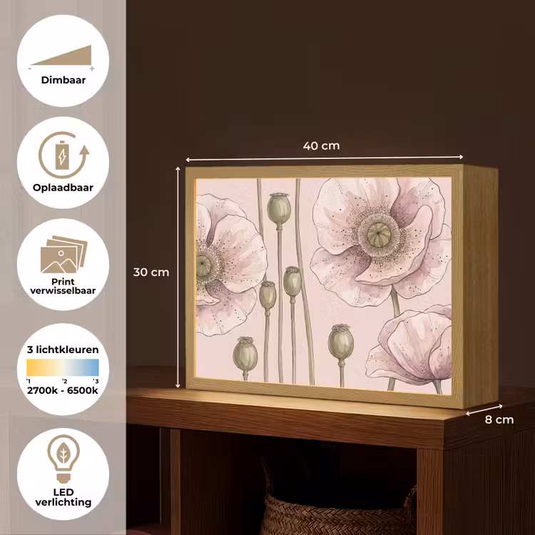 Bloemen - Zomer - Natuur - Aquarel - Roze Light Box met batterij (Wandlamp) middel -USP_websiteoverzichtNL
