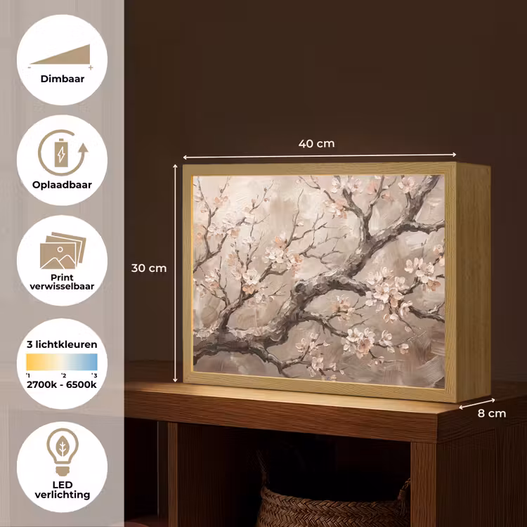 Bloesem - Takken - Schilderij - Beige - Serene Light Box met batterij (Wandlamp) middel -USP_websiteoverzichtNL