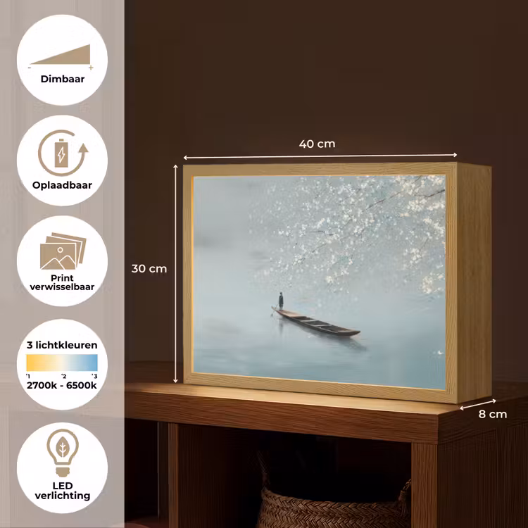 Bloesems - Minimalistisch - Wateroppervlak - Boot Light Box met batterij (Wandlamp) middel -USP_websiteoverzichtNL