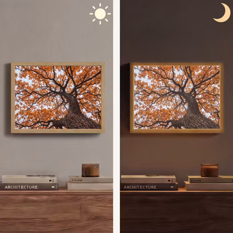 Boom - Bladerdak - Herfst - Oranje - Sfeervol Light Box met batterij (Wandlamp) middel -sfeer3
