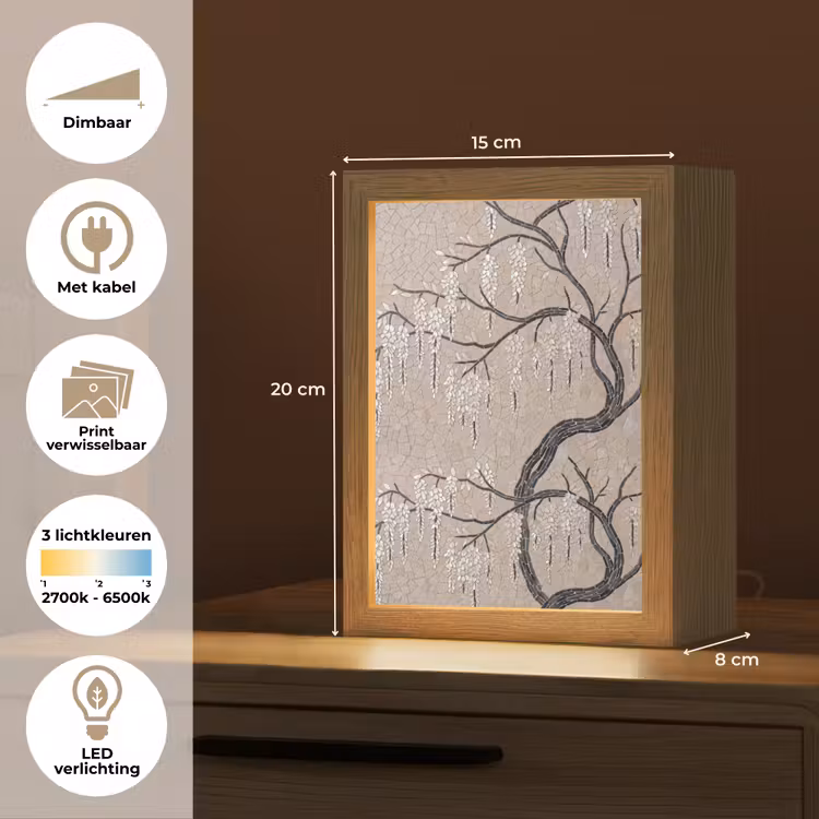 Boom - Bloemen - Mozaïek - Kunst - Wit Light Box met kabel (Wandlamp) klein -USP_websiteoverzichtNL