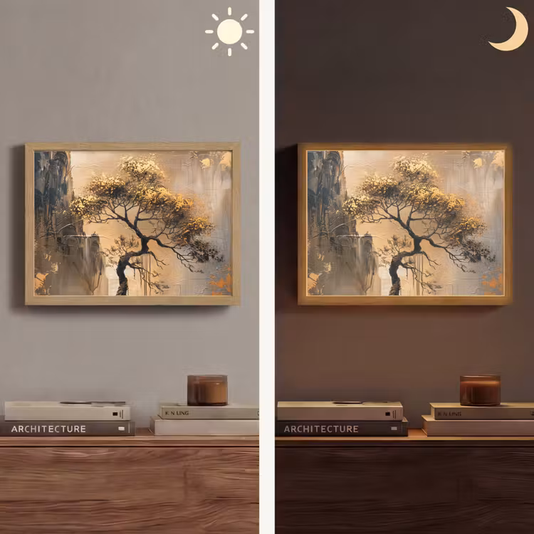 Boom - Goud - Landschap - Verf Light Box met batterij (Wandlamp) middel -sfeer3
