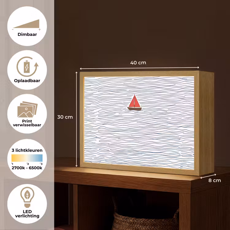 Boot - Water - Rood - Illustratie - Minimalistisch Light Box met batterij (Wandlamp) middel -USP_websiteoverzichtNL