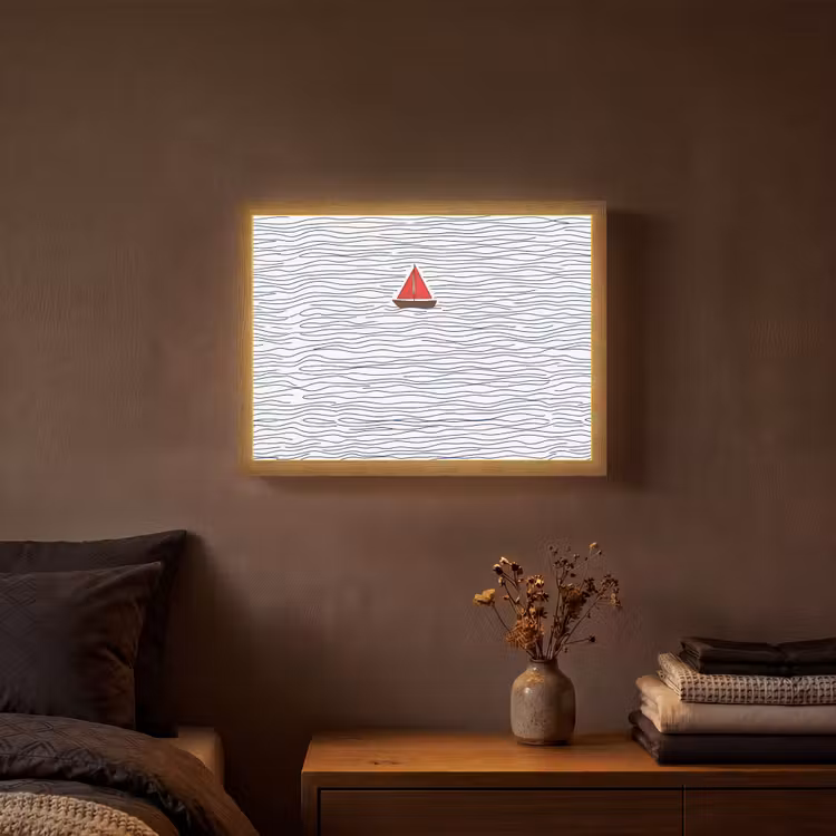 Boot - Water - Rood - Illustratie - Minimalistisch Light Box met batterij (Wandlamp) middel -sfeer4