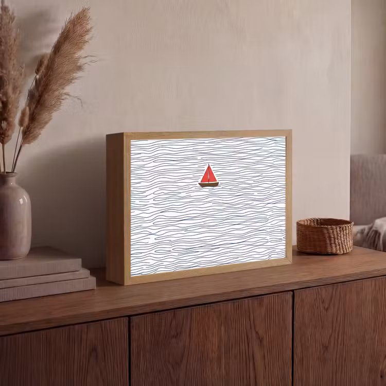Boot - Water - Rood - Illustratie - Minimalistisch Light Box met batterij (Wandlamp) middel -sfeer2