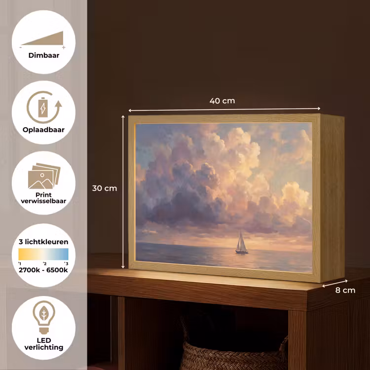Boot - Zonsondergang - Zee - Natuur - Goud Light Box met batterij (Wandlamp) middel -USP_websiteoverzichtNL