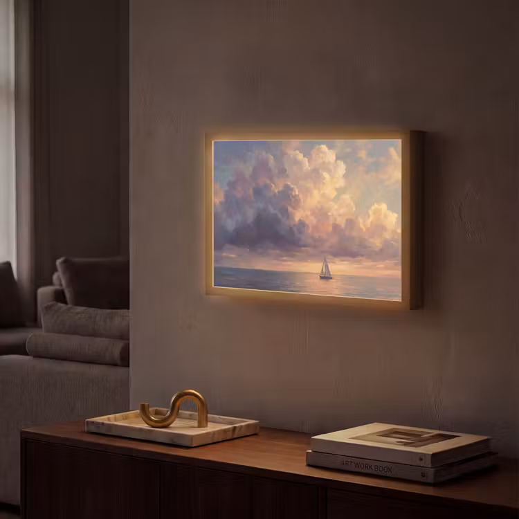 Boot - Zonsondergang - Zee - Natuur - Goud Light Box met batterij (Wandlamp) middel -sfeer1
