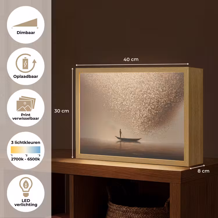 Bootje - Blaadjes - Goud - Water Light Box met batterij (Wandlamp) middel -USP_websiteoverzichtNL