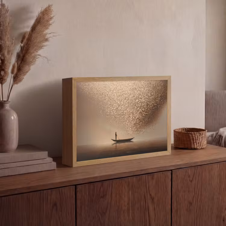 Bootje - Blaadjes - Goud - Water Light Box met batterij (Wandlamp) middel -sfeer2