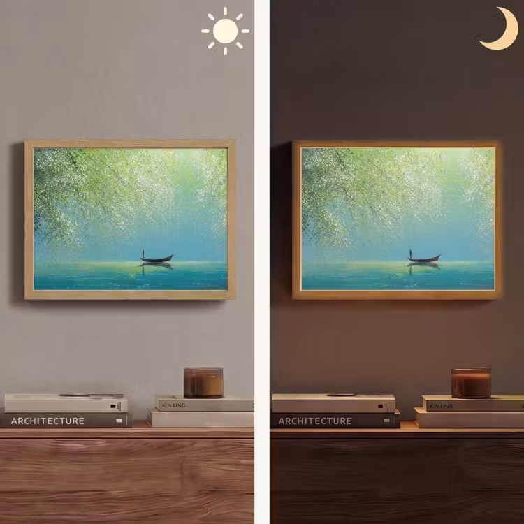 Bootje - Water - Bladeren - Bloesems Light Box met batterij (Wandlamp) middel -sfeer3