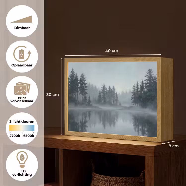 Bos - Meer - Mist - Natuur - Grijs Light Box met batterij (Wandlamp) middel -USP_websiteoverzichtNL