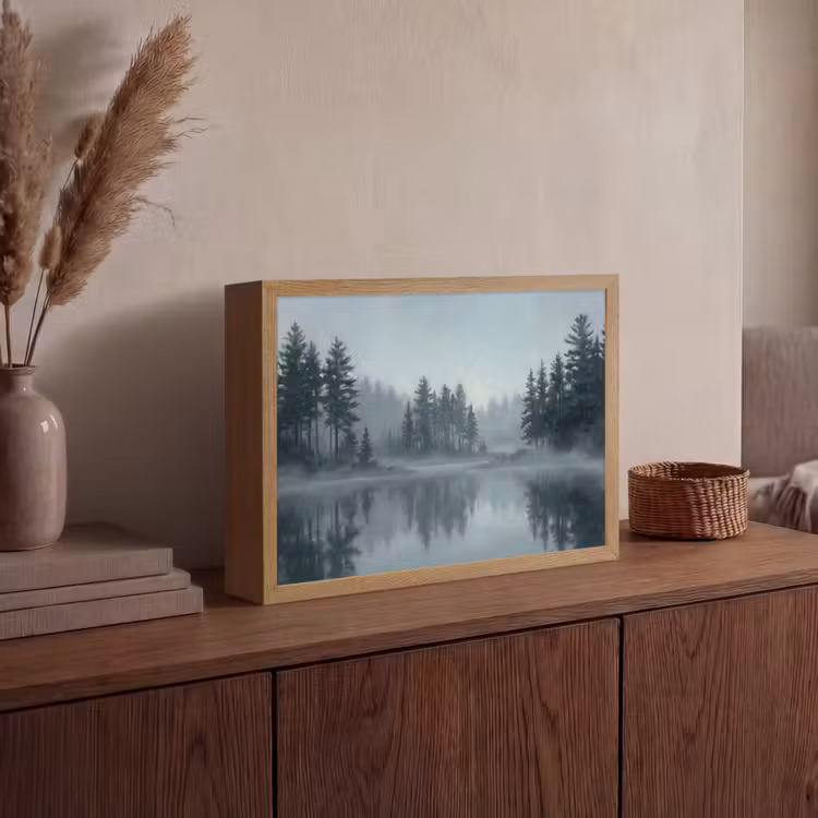 Bos - Meer - Mist - Natuur - Grijs Light Box met batterij (Wandlamp) middel -sfeer2