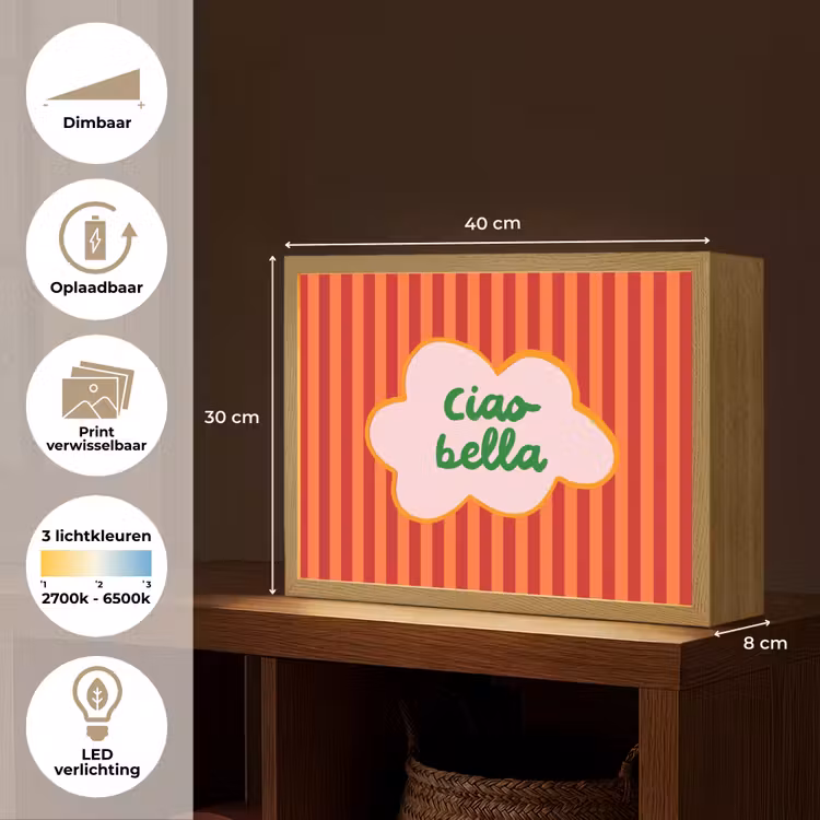 Ciao bella - Tekstwolk - Strepen - Oranje Light Box met batterij (Wandlamp) middel -USP_websiteoverzichtNL