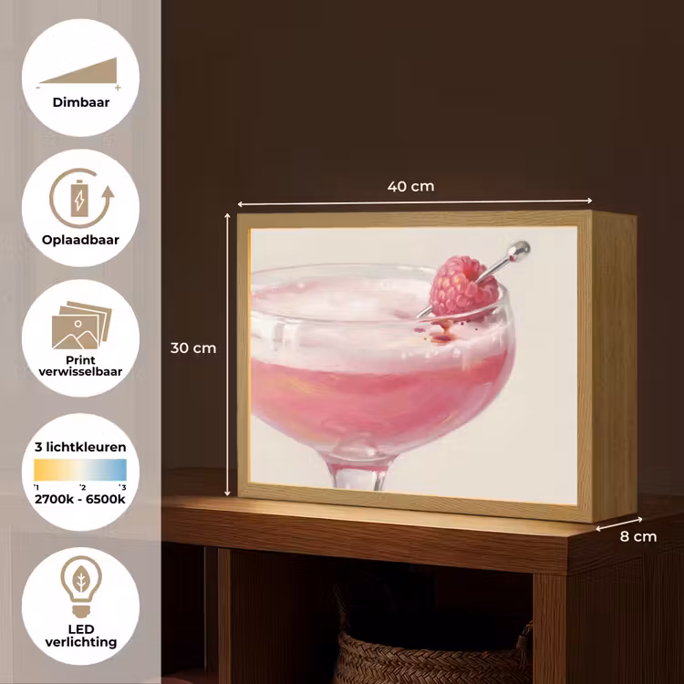 Cocktail - Framboos - Drank - Modern - Roze Light Box met batterij (Wandlamp) middel -USP_websiteoverzichtNL