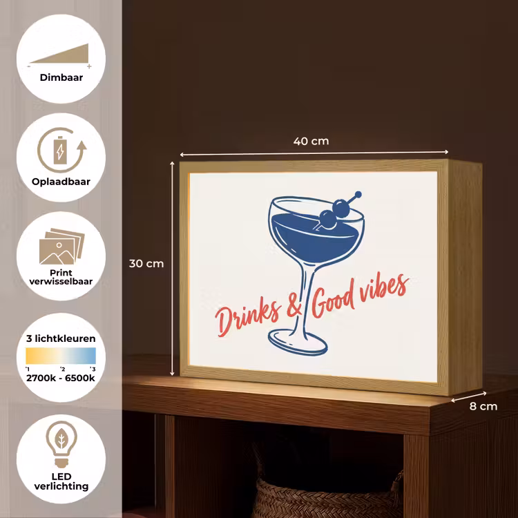 Cocktail - Glas - Illustratie - Blauw - Wit Light Box met batterij (Wandlamp) middel -USP_websiteoverzichtNL