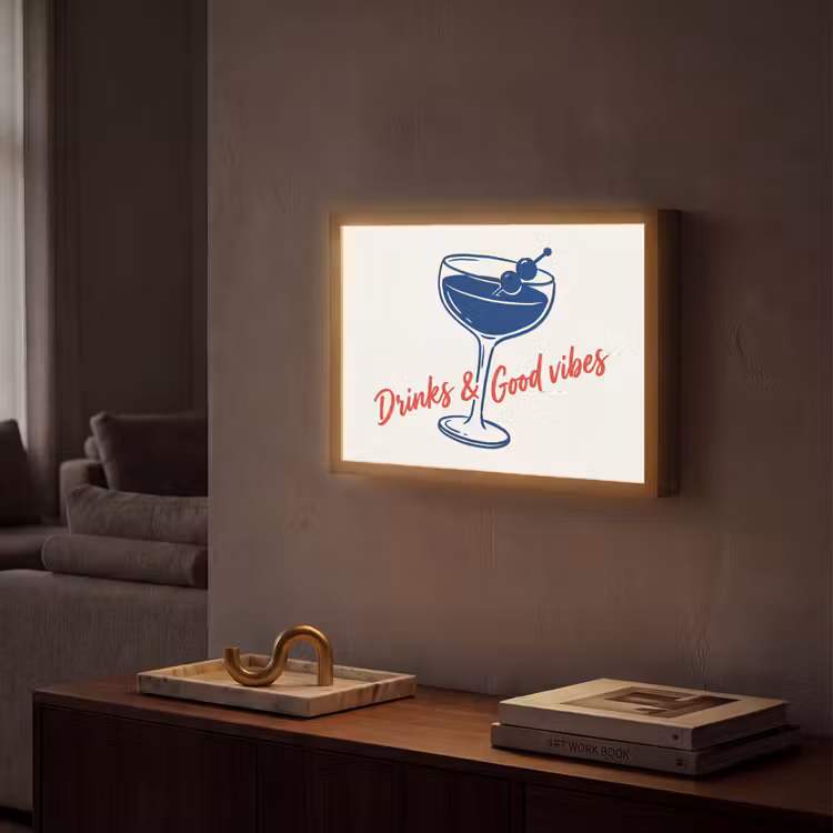 Cocktail - Glas - Illustratie - Blauw - Wit Light Box met batterij (Wandlamp) middel -sfeer1
