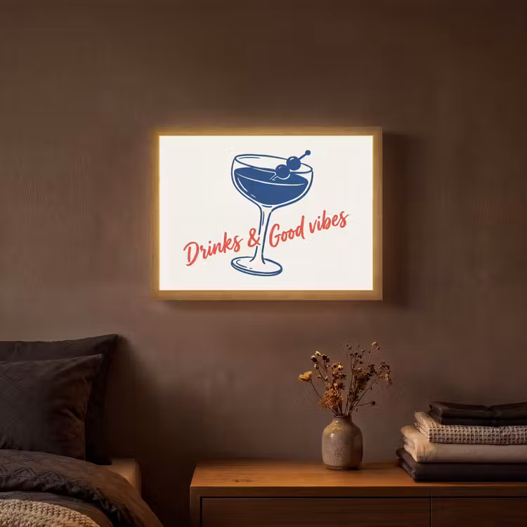 Cocktail - Glas - Illustratie - Blauw - Wit Light Box met batterij (Wandlamp) middel -sfeer4