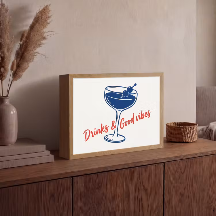 Cocktail - Glas - Illustratie - Blauw - Wit Light Box met batterij (Wandlamp) middel -sfeer2