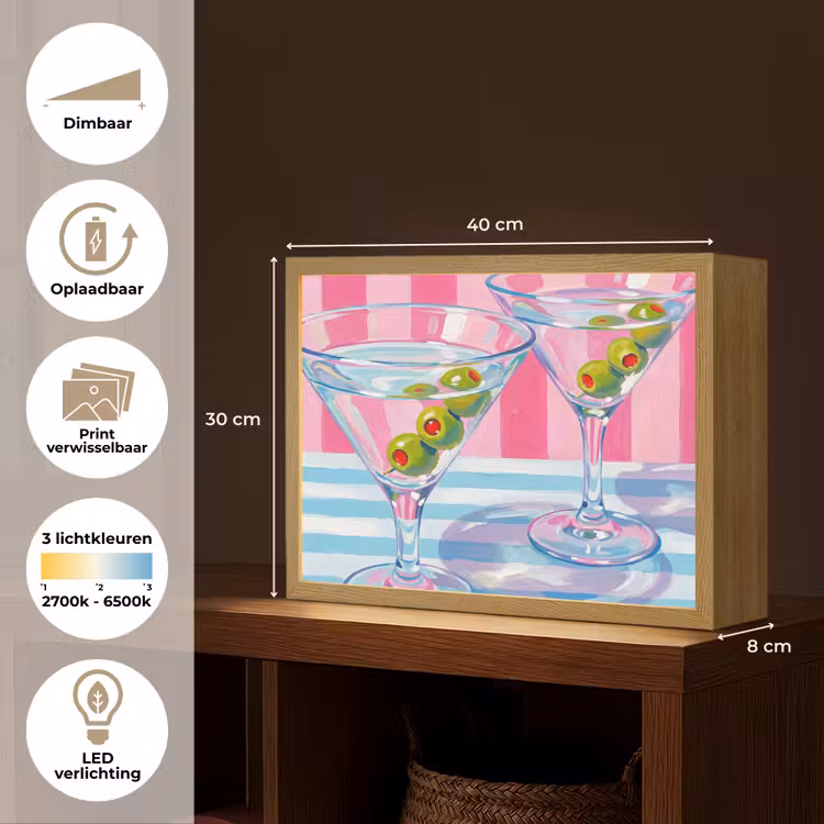 Cocktail - Olijven - Kunst - Modern - Roze Light Box met batterij (Wandlamp) middel -USP_websiteoverzichtNL