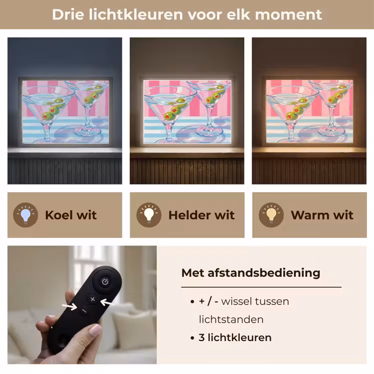 Cocktail - Olijven - Kunst - Modern - Roze Light Box met batterij (Wandlamp) middel -USP_lichtkleurNL