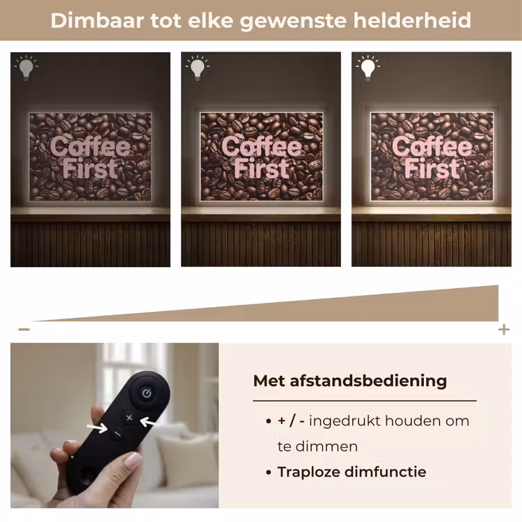 Coffee First - Koffiebonen - Roze Light Box met batterij (Wandlamp) middel -USP_dimbaarNL