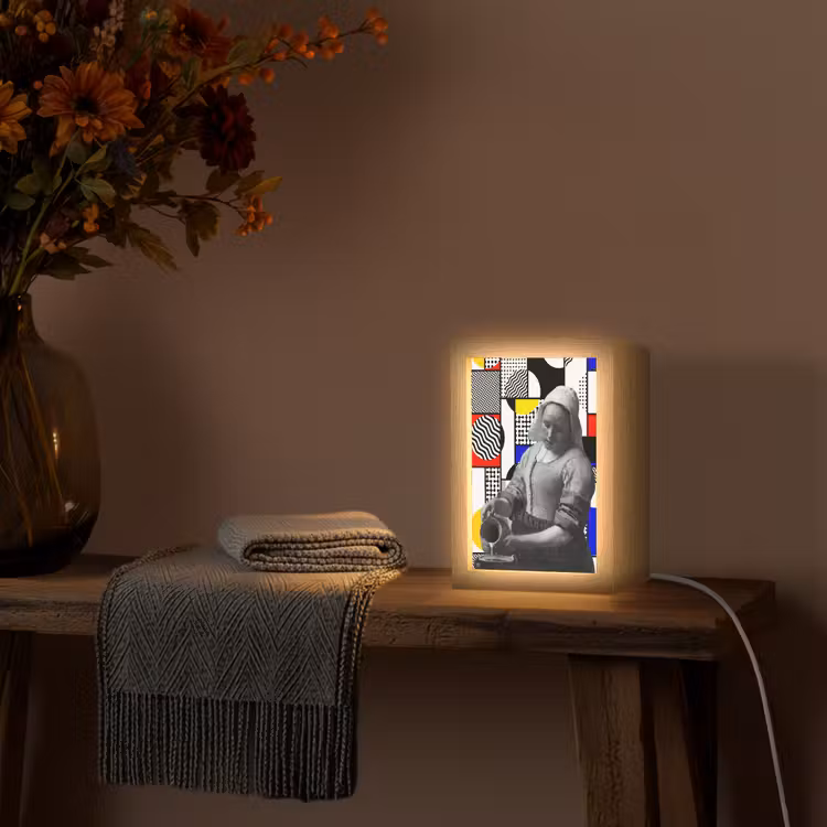 Collage - Mondriaan - Melkmeisje Light Box met kabel (Wandlamp) klein -sfeer4
