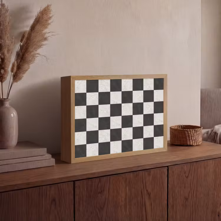Dambord - Marmer - Zwart - Wit Light Box met batterij (Wandlamp) middel 907 -sfeer2