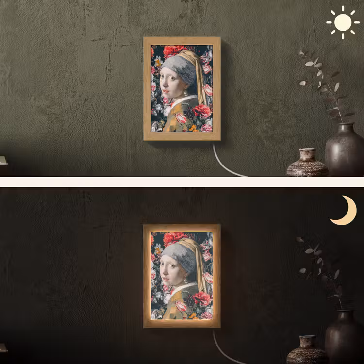 Meisje met de parel - Johannes Vermeer - Bloemen Light Box met kabel (Wandlamp) klein -sfeer3