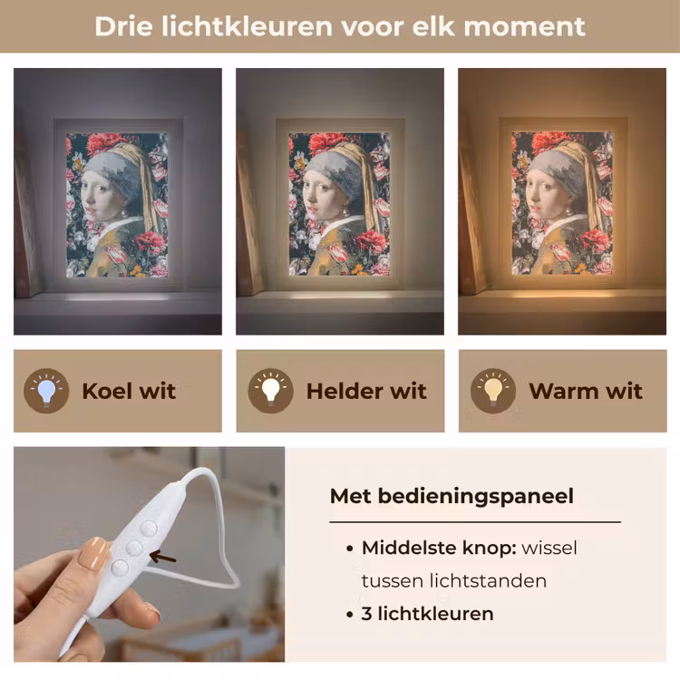 Meisje met de parel - Johannes Vermeer - Bloemen Light Box met kabel (Wandlamp) klein -USP_lichtkleurNL