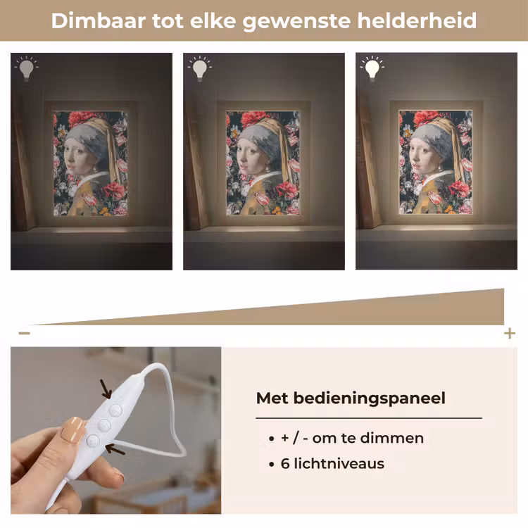 Meisje met de parel - Johannes Vermeer - Bloemen Light Box met kabel (Wandlamp) klein -USP_dimbaarNL