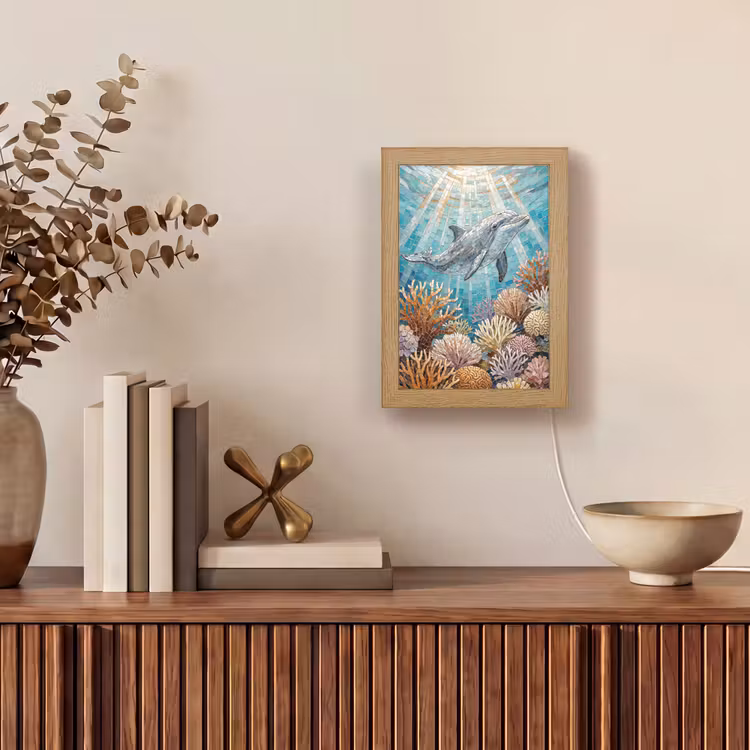 Dieren - Mozaïek - Oceaan - Koraal - Blauw Light Box met kabel (Wandlamp) klein -sfeer2