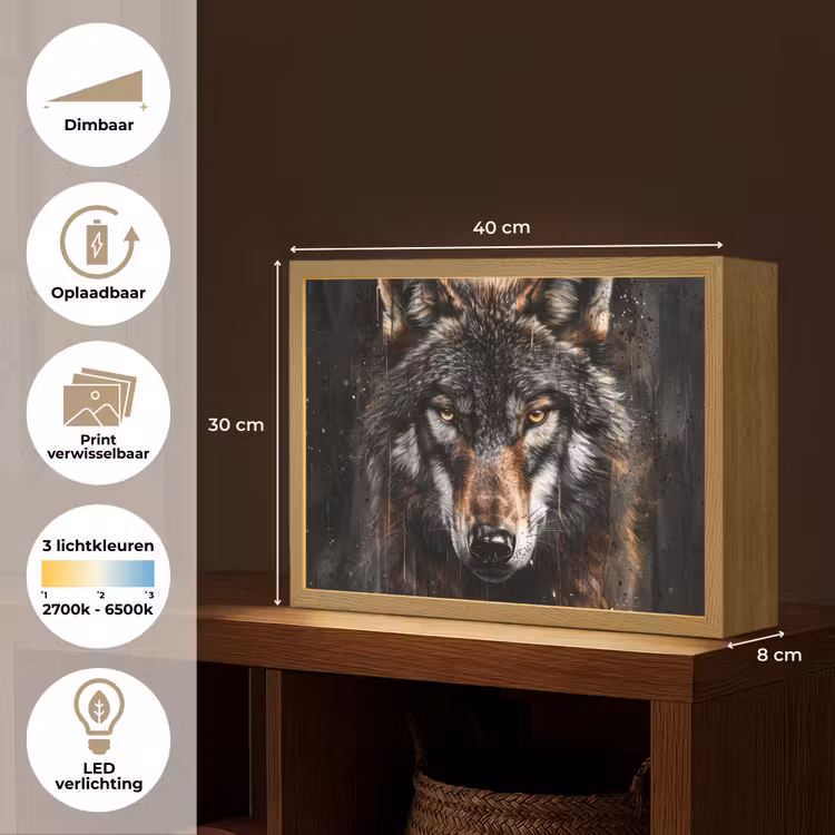 Dieren - Wolf - Portret - Zwart - Bruin Light Box met batterij (Wandlamp) middel -USP_websiteoverzichtNL