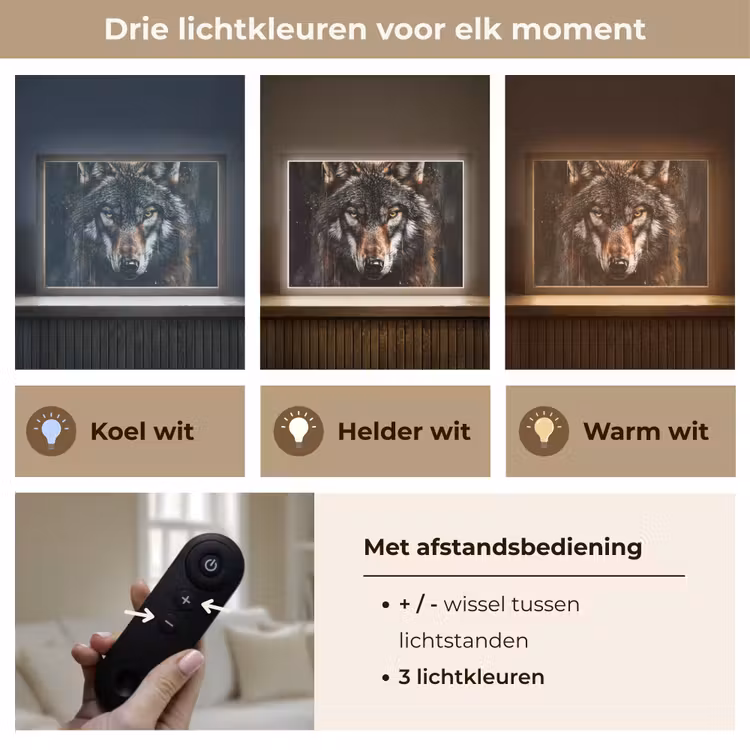 Dieren - Wolf - Portret - Zwart - Bruin Light Box met batterij (Wandlamp) middel -USP_lichtkleurNL