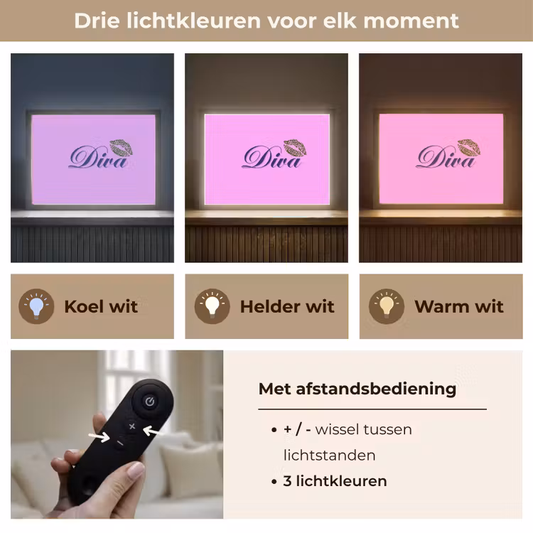 Diva - Lip - Panterprint - Roze Light Box met batterij (Wandlamp) middel -USP_lichtkleurNL
