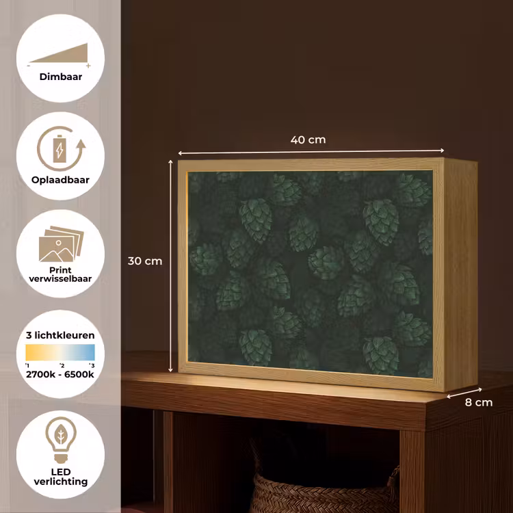 Donker - Groen - Hopbellen - Botanisch - Illustratie Light Box met batterij (Wandlamp) middel 907 -USP_websiteoverzichtNL