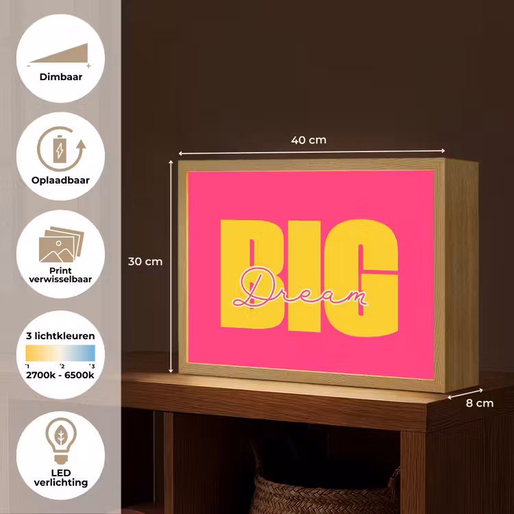 Dream big - Roze - Geel - Minimalistisch Light Box met batterij (Wandlamp) middel -USP_websiteoverzichtNL