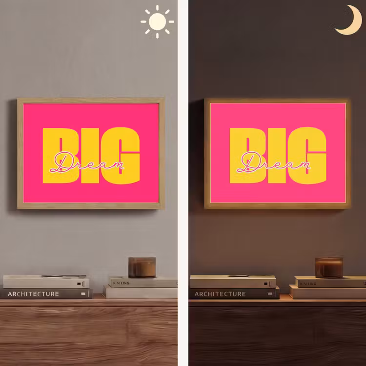 Dream big - Roze - Geel - Minimalistisch Light Box met batterij (Wandlamp) middel -sfeer3