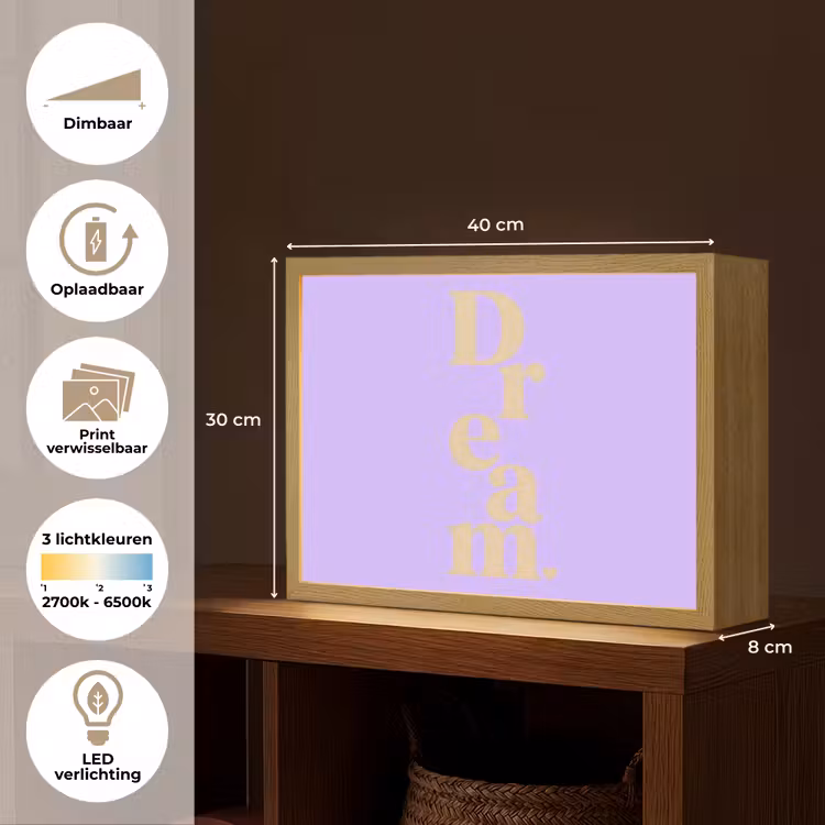 Dream - Paars - Typografisch Light Box met batterij (Wandlamp) middel -USP_websiteoverzichtNL