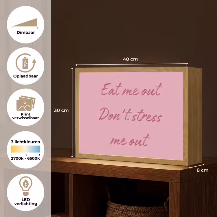 Eat me out don't stress me out - Roze - Handgeschreven Light Box met batterij (Wandlamp) middel -USP_websiteoverzichtNL