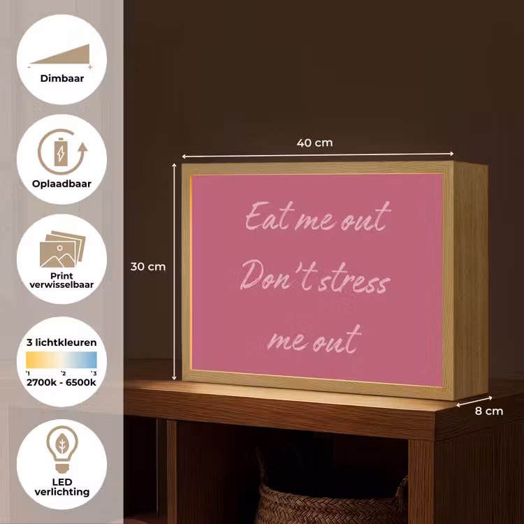 eat me out don't stress me out - Roze - Minimalistisch Light Box met batterij (Wandlamp) middel -USP_websiteoverzichtNL