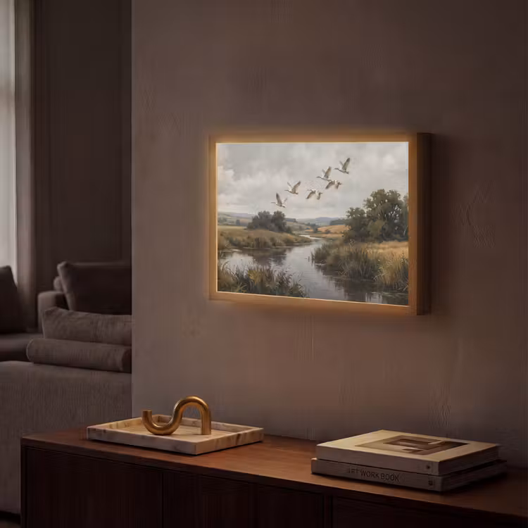 Eenden - Rivier - Landschap - Vlucht - Nostalgisch Light Box met batterij (Wandlamp) middel -sfeer1
